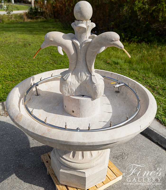 Marble Fountains  - Dolphin Themed Fountain In Hand Carved Light Travertine - MF-2192